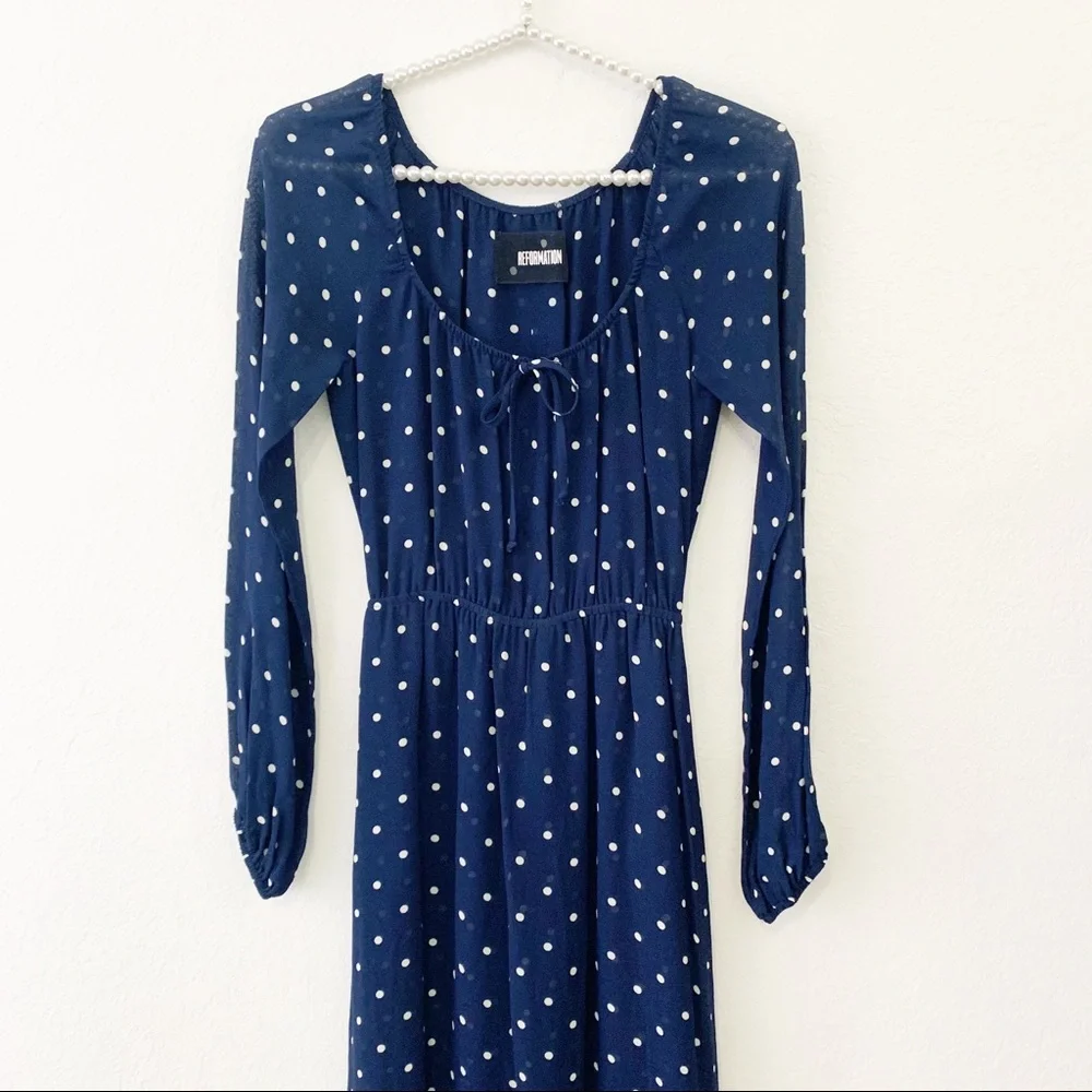 REFORMATION Augusta Dress Punto Polka Dot Navy XS - Picture 9 of 13